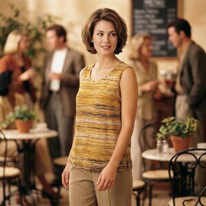 Kasper Women Large Yellow Gold Striped Beaded Tank Top Blouse Boho Investment